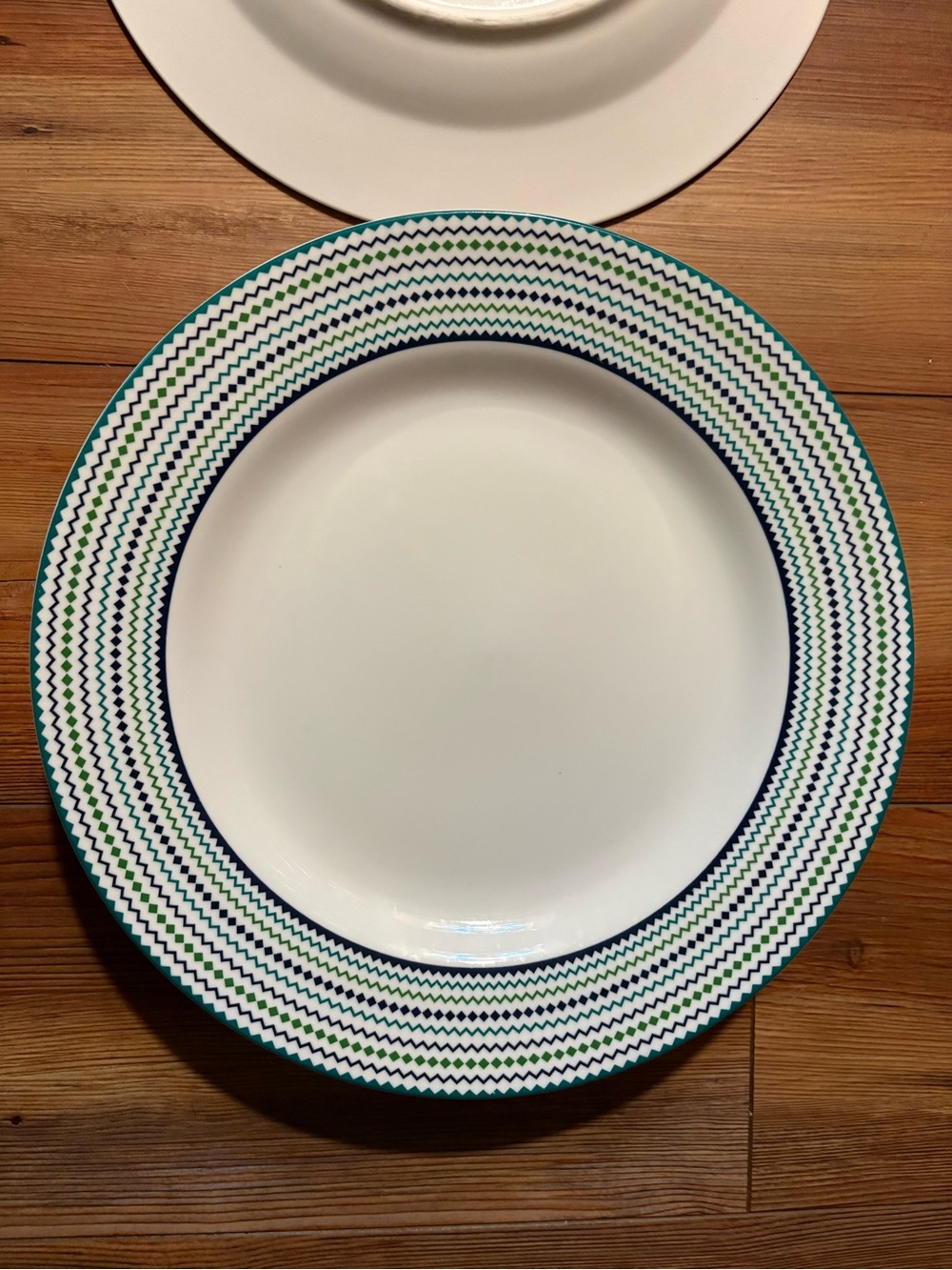 Cynthia Rowley White Dinner Plate with Blue and Green Zigzag Rim